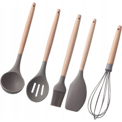 Juego de 5 utensilios de cocina de silicona fáciles de limpiar con mangos de madera. (1/5)