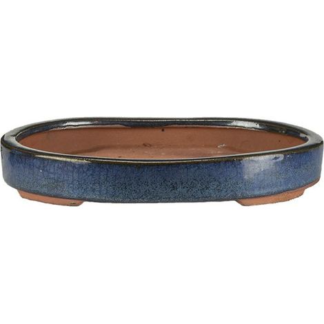 Vaso per bonsai ovale in gres smaltato blu 21,5x15,5x2,5 cm - O10e