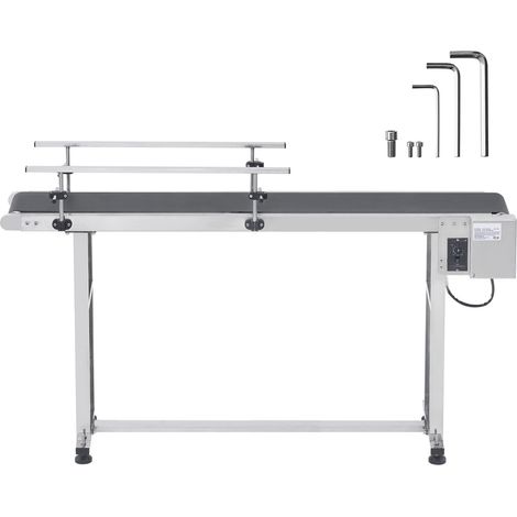 Convoyeur à bande 59 x 7,8 pouces, table motorisée en acier inoxydable, bande PVC antistatique, vitesse réglable, double rail de guidage. (1/5)