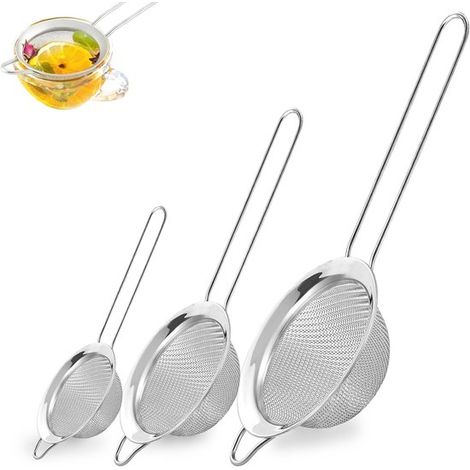 Ensemble de 3 passoires de cuisine - Passoires en acier inoxydable - Avec poignée - Petite, moyenne et grande passoires - Couleur argent - Idéales pour la cuisine, la pâtisserie, les jus, le quinoa, l (1/5)