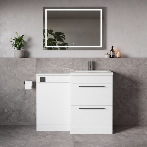 Napoli 390 Gloss White 1100mm 2 Drawer Vanity Unit Toilet Suite with Glide Basin - 1100mm - Gunmetal Grey 320mm HandleWithout Kingston Toilet Pan