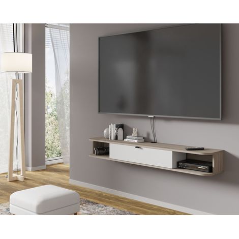 Bim Furniture – Meuble TV de salon 156 cm chêne clair blanc mat – Panneau stratifié 16 mm – Compartiment de rangement et étagères ouvertes (1/6)