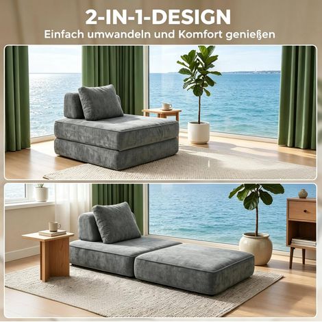 Canapé-lit pliant 1 place en chenille gris avec coussin épais et support trapezoïdal (1/5)