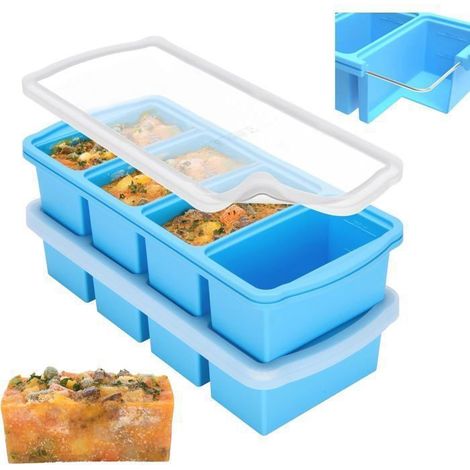 Lot de 2 bacs à glaçons en silicone avec couvercle – Moules pour récipients à soupe et congélateur – Grand bac à glaçons (bleu) (1/4)