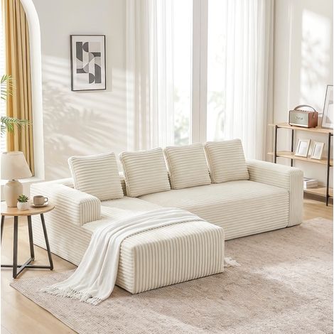 Sofá modular en L con chaise longue derecha, tejido de pana beige, sin montaje, 4 plazas, OKWISH