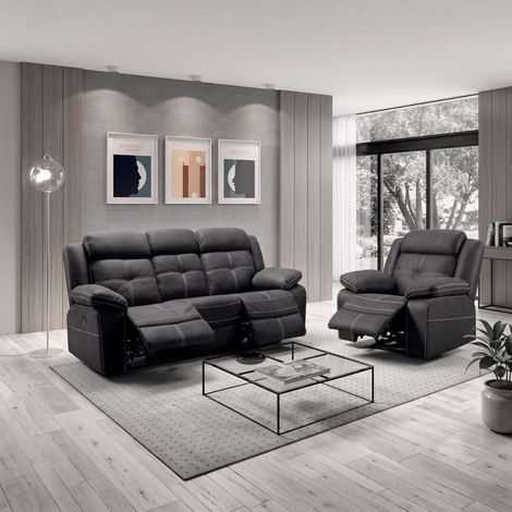 Canapé 3 places + fauteuil relax élec tissu aspect peau gris - ADOLIS (1/5)