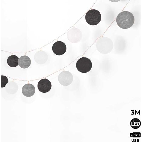 Guirnalda LED Bolas De Algodón 20 Bolas Con USB 3m-IP44-4cm - Gris, blanco, negro