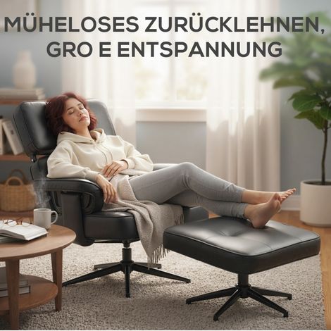 Sillón relax con reposapiés, simil piel, reposacabezas regulable, base metálica, negro REDOM (1/5)