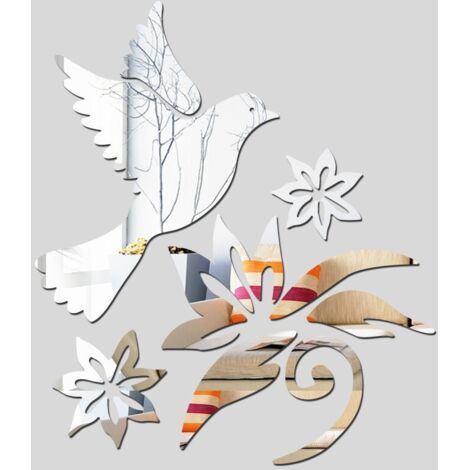 Stickers Muraux Miroir Acrylique Colombe De Paix Et Fleurs Avec Branches Olivier Pour Décoration De Mur Autocollants Diy Réfléchissants (1/5)