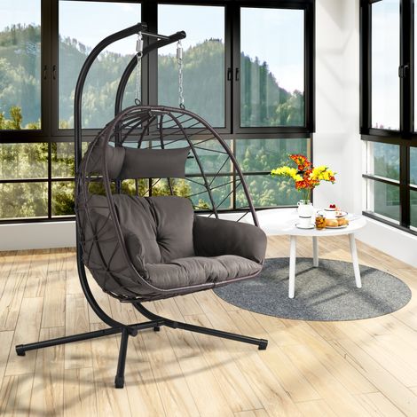 HinHocker Hängesessel für 2 Personen mit Gestell, Braun, XXL Hängeschaukel Indoor und Outdoor