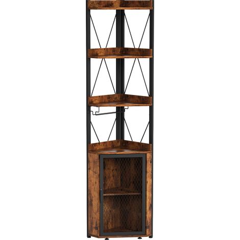 Meuble bar d’angle industriel 5 niveaux avec porte-mesh, casier à vin et porte-verres, étagères réglables, buffet de rangement pour salon, cuisine ou salle à manger – couleur vintage (1/5)