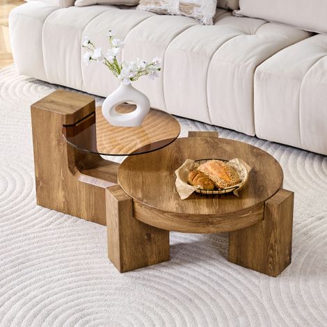Ensemble de tables basses modulables,table basse bois massif,avec verre de sécurité teinté brun de 0,6 cm,peut être assemblé pour former une table basse ou séparé en deux tables d'appoint,Bois (1/4)