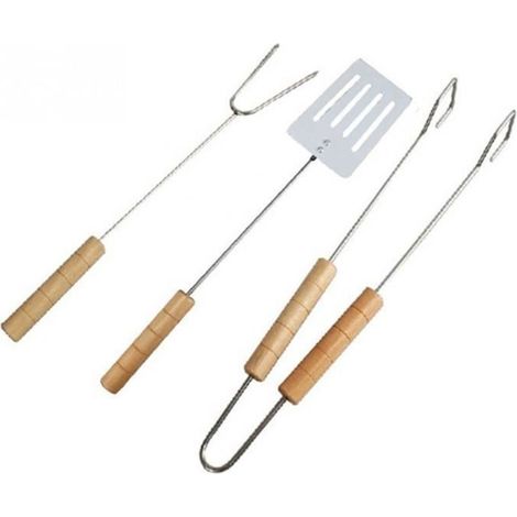 3 Ustensiles barbecue, poignée bois, fourchette spatule pince, acier inoxydable, extérieur jardin