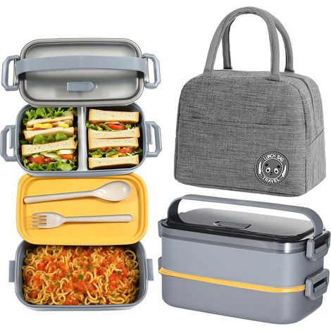 Bento Lunch Box Kit, 1600ml 2 Etages Boite Repas avec Sac Isotherme Repas, Hermétique Boîtes Bento pour Pique Nique, Travail, Goûter, Ecole, Boîte à Lunch Micro Ondable(Gris) (1/5)
