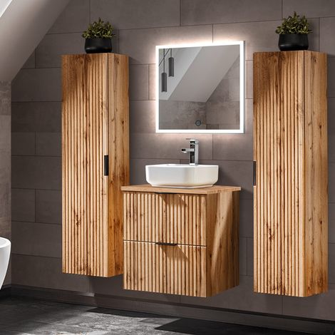 Badmöbel Set Wotaneiche mit Rillenoptik LED-Spiegel & 60 cm Waschtisch-Unterschrank mit Waschbecken, 2 Hochschränke (1/5)