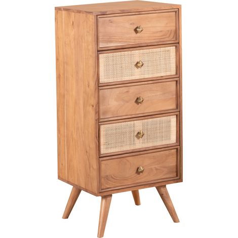 Commode 5 tiroirs 80x40x110 cm en bois d'acacia et cannage - NORIA