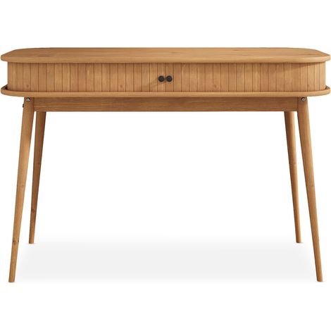 Idimex – Bureau droit JARI en pin massif chêne – Porte coulissante – Grand espace de rangement – Pieds coniques 40mm – Dimensions 75x113x50cm (1/4)