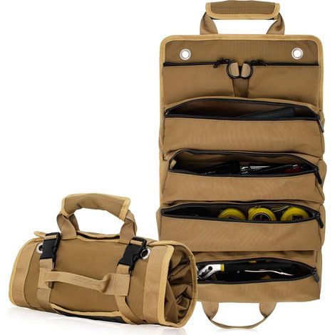 Sac à Outils Enroulable en Toile, Robuste Sac Porte-Outils pour Mécanicien/Électricien/Moto/Camion (Kaki) (1/5)