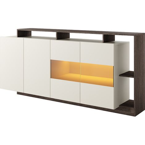 Vente-Unique – Buffet 4 portes et 4 niches avec LEDs – Beige et naturel foncé – Panneau de particule et verre trempé – Charge maximale 50 kg (1/5)