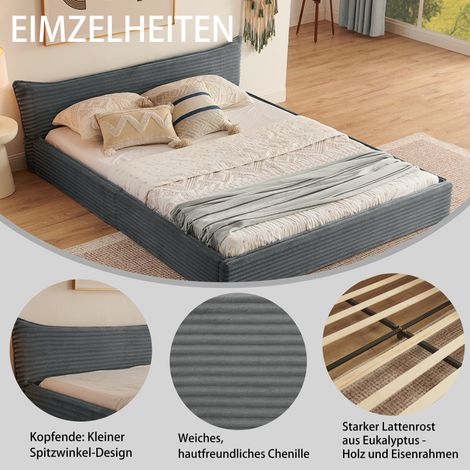 Lit double 160200cm, avec revêtement en velours côtelé classique et élégante bordure discrète sur la tête de lit, bois d'eucalyptus écologique + cadre en fer robuste, montage facile, gris foncé (sans (1/5)