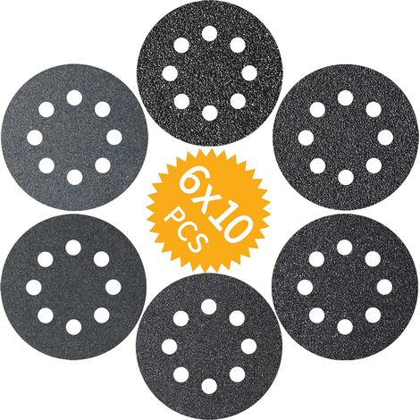 Disques de ponçage 60PCS 125mm en Carbure de Silicium Disques Abrasifs 60 100 150 180 240 320 grains 8 trous pour Ponceuses
