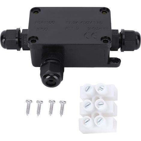 Boîte de jonction étanche IP66 noire PC mini 1 entrée 2 sorties pour extérieur 3-6,5mm (1/5)