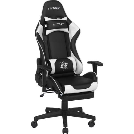 Sedia Gaming Braccioli Regolabili Ecopelle Nera e Bianca e Poggiapiedi Victory