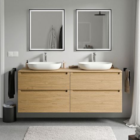 BERNSTEIN - Mueble lavabo suspendido MDF roble miel, encimera de lavabo roble miel, cajones giratorios 160x46x62cm - VIREO Roble Miel Oro, Roble miel oro