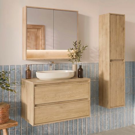 Conjunto mueble lavabo individual 80 cm columna y armario espejo Edmé Bois (1/4)
