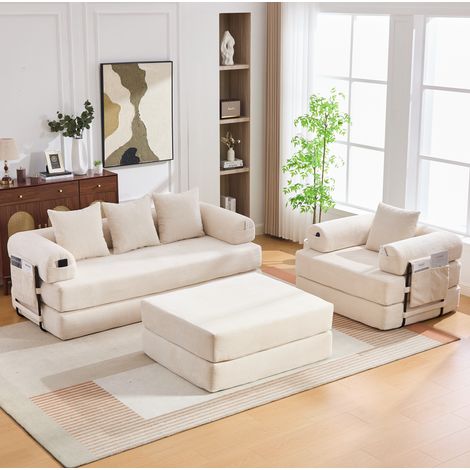 Divano modulare 4 posti in velluto a coste beige con ottomana, struttura metallica e cuscini (1/5)