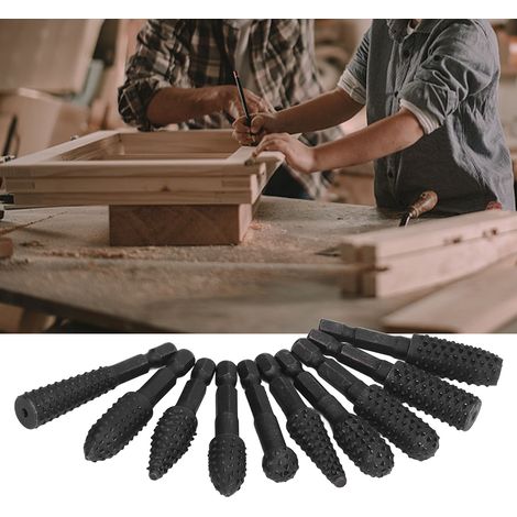 Ensemble de 10 forets hélicoïdaux pour le travail du bois, queue hexagonale, bâtonnet de ponçage noir, lime, tête de gaufrage rotative biseautée en forme de ciseau (1/5)