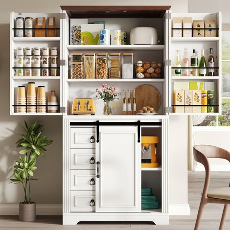 Armoire haute, 80x39,8x180 cm, buffet de cuisine, avec système anti-basculement et étagère latérale, 4 tiroirs et étagères réglables, poignée, blanc