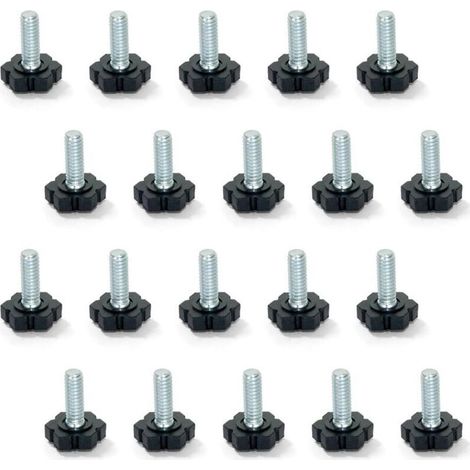Pieds de nivellement pour meubles – Lot de 20 – Tige filetée M6x30mm – Base hexagonale en plastique noir pour réglage précis (1/5)