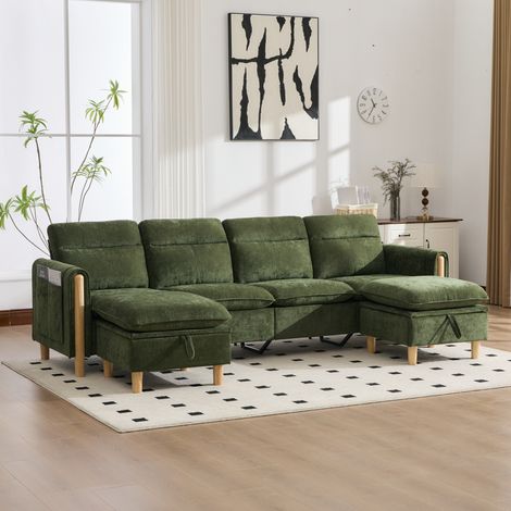 Divano modulare a U 261 cm verde in chenille con 2 pouf contenitori e tasche laterali (1/5)