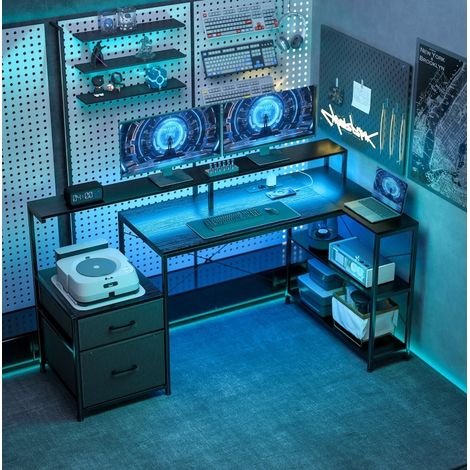 Bureau gaming d'angle en L, 165 x 80 x 91,5 cm, LED, prises et support double écran, noir HAVRYA (1/3)