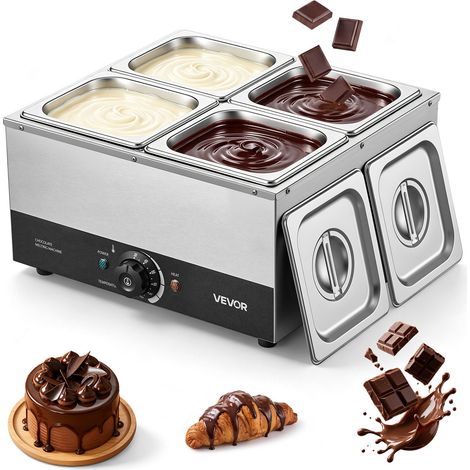 Fondoir à Chocolat au Bain Marie, 4 Cuves, 1200 W, Capacité 8,2 kg, pour Beurre Fromage Lait Sauces Chocolaterie, Usage Professionnel, Chauffe Chocolat avec Température 30-85 °C, Corps en Inox (1/5)