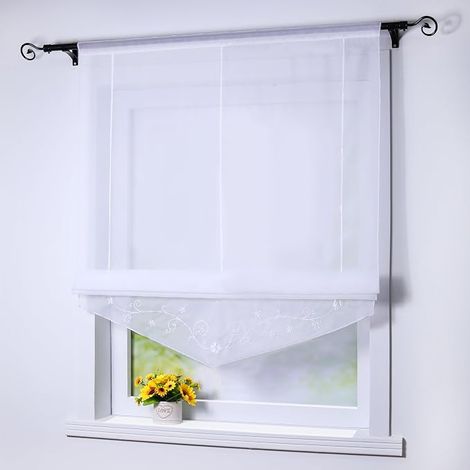 Romain Transparent en Polyester avec Broderie de Fleurs Passe Tringle Rideau Cuisine Chambre Blanc LxH 60x140cm (1/5)