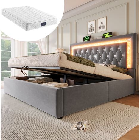 Lit coffre 160x200 cm gris en velours avec matelas, LED et ports USB (1/5)