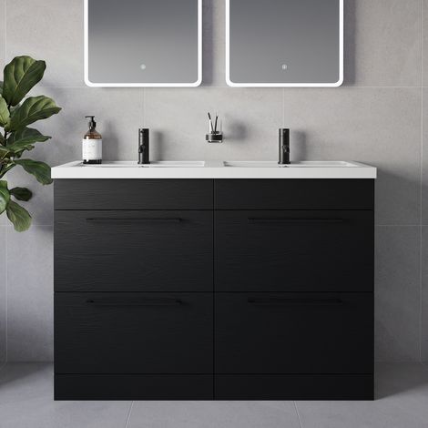 Napoli 390 Nero Oak 1200mm 4 Drawer Vanity Unit with Double Lucia Basins - 1200mm - Matt Black 320mm Handle