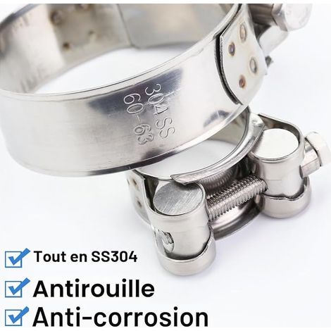 Hose Clamp, Clamping Range 60-63mm, T-Bolt Stainless Steel Clamp, T-Bolt Clamps for Water Pipe, Gas Pipe, Automotive Tube (1/4)
