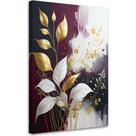 Wandbild Abstraktion: Pflanzenblätter in Bordeauxrot und Gold 60x90 (1/5)
