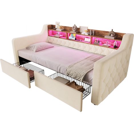 Lit simple capitonné 90x190 cm en velours beige avec LED, USB-C, 2 tiroirs et sommier (1/5)
