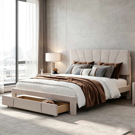 Lit double 140 x 200 cm – Lit adulte – Un tiroir – Sommier à lattes -  Velours beige (1/5)