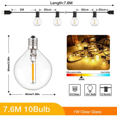 Guirlande lumineuse extérieure de 20 m (7,6 m, 10 ampoules, prise US) avec ampoules LED G40, culot E12 et douilles G40, compatible avec les prises américaines. (1/5)