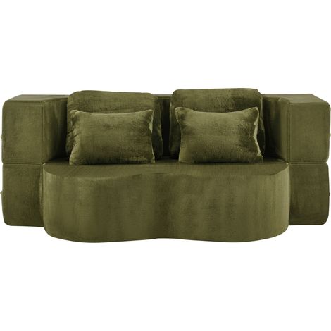 Sofá cama de suelo verde moderno con 4 cojines, espuma de alta densidad, sin montaje (1/5)