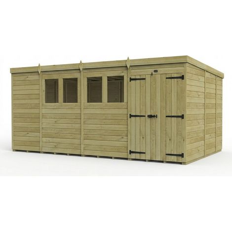 15ft x 9ft Pent Garden Shed Double Door With Windows - Pressure Treated Timber - L457 x W274 x H210 cm - Natural