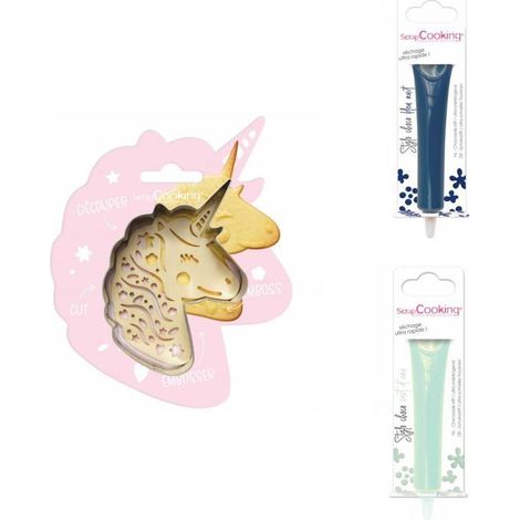 Kit pour biscuit en relief Licorne + 2 Stylos au chocolat bleu nuit et vert d'eau
