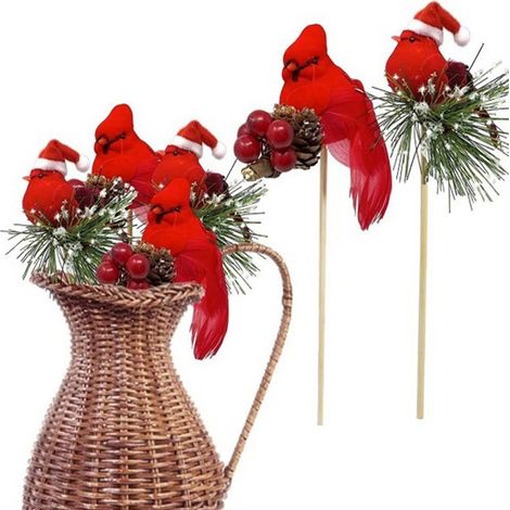 Set mit 2 künstlichen roten Weihnachtsvögeln mit Stöcken und dekorativen Weihnachtsmannmützen zum Dekorieren eines Weihnachtskranzes (1/2)