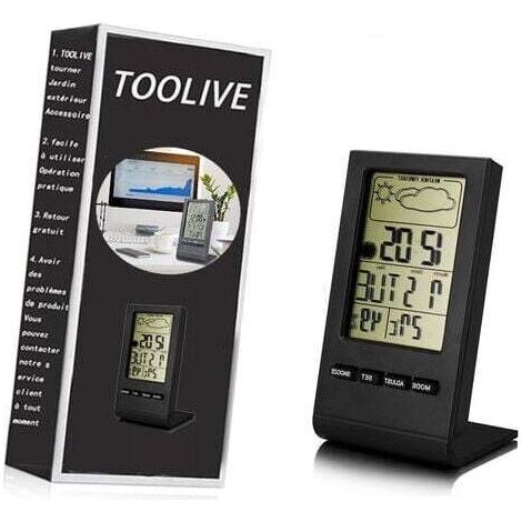 Station météo sans Fil, Thermomètre Hygromètre Baromètre Intérieur Extérieur, Horloge Numérique Réveil avec capteur extérieur Affichage Heure Date Jour Phase de Lune（Noir） (1/3)