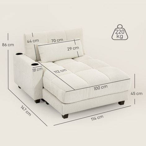 Canapé-lit avec coussins en mousse, convertible en lit, porte-gobelet, blanc crème (1/5)